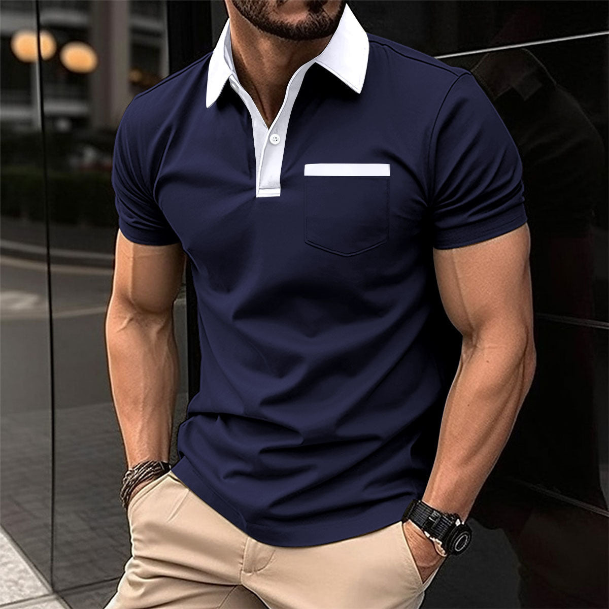 Lapel Fashion Slim Pocket Short Sleeved T Shirt