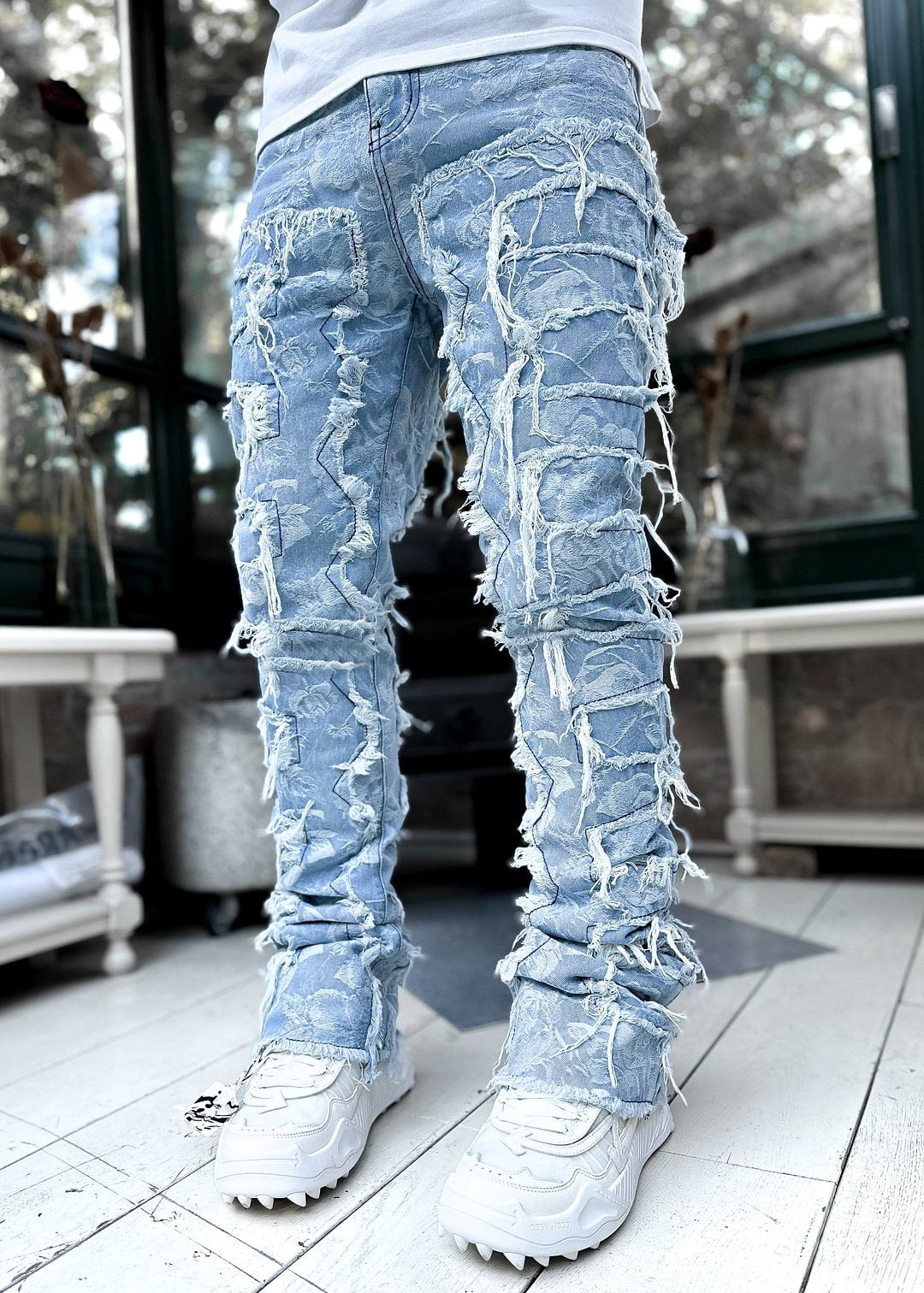 Patched Pants Long Tight Fit Stacked Jeans