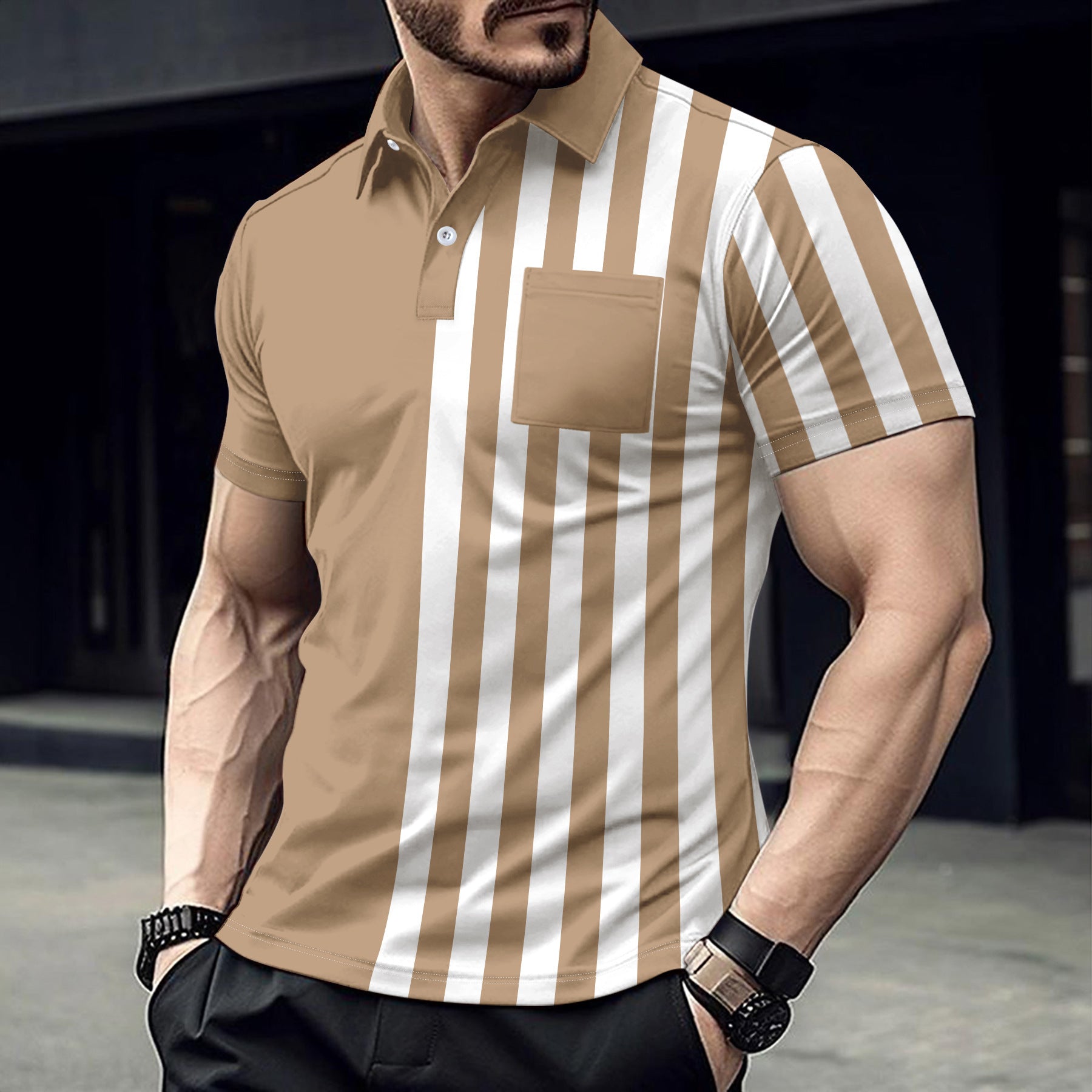 Striped Printing Lapel Polo Shirt