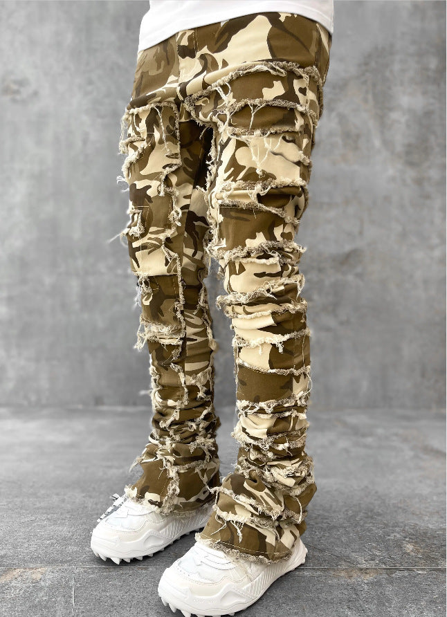 Patched Pants Long Tight Fit Stacked Jeans