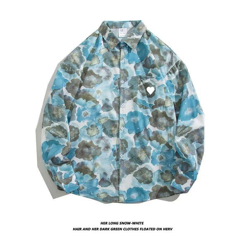 Men's Loose Hong Kong Style Retro Long Sleeve Printed Shirt