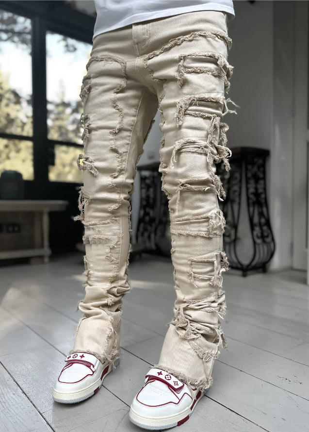 Patched Pants Long Tight Fit Stacked Jeans