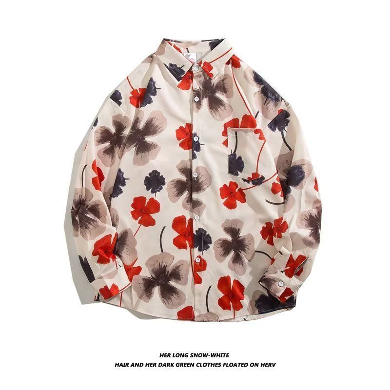 Men's Loose Hong Kong Style Retro Long Sleeve Printed Shirt